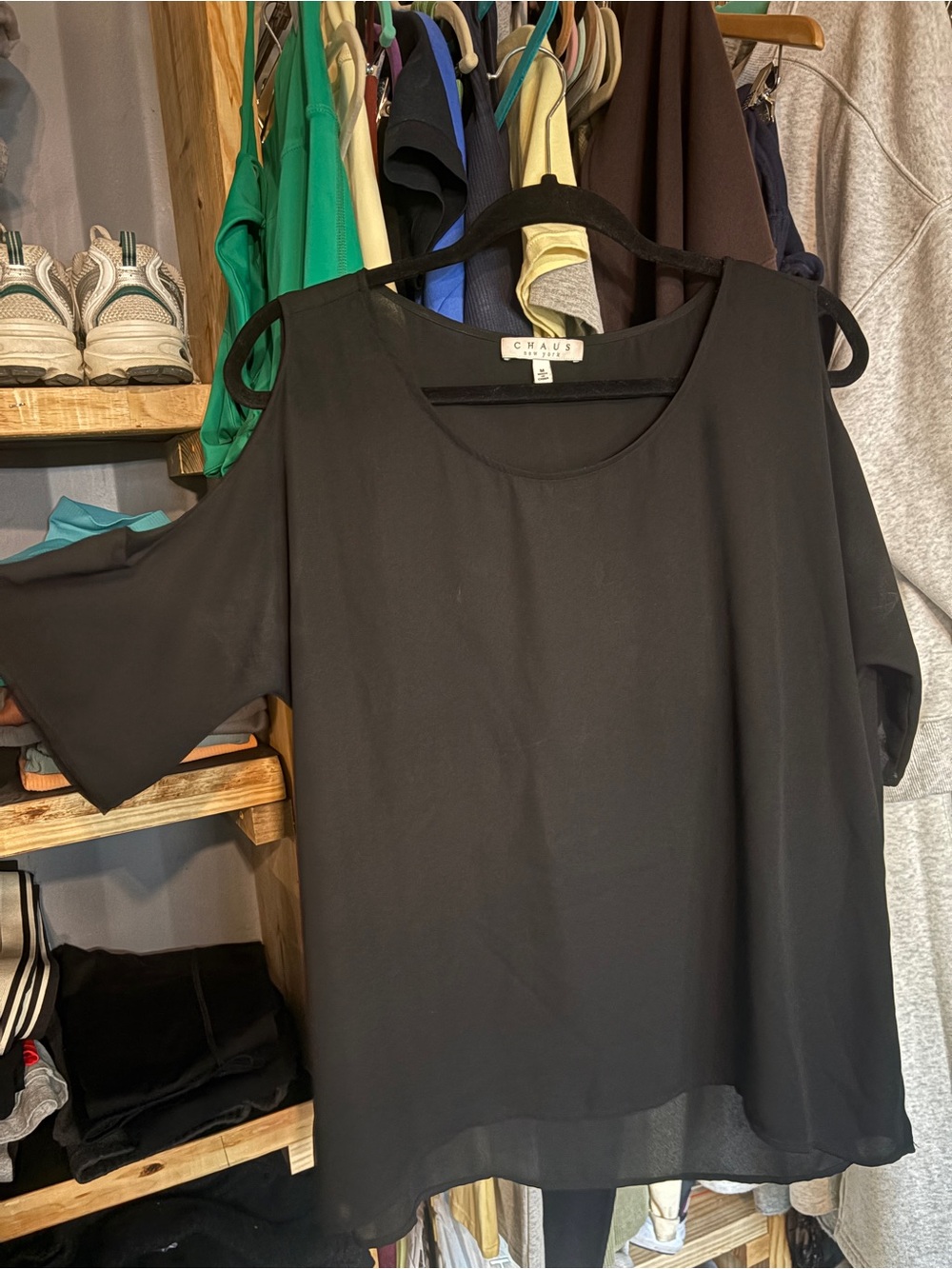 Chaus Black Cold-Shoulder Blouse with Scoop Neck